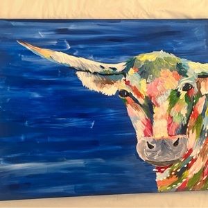Handmade painting on a 24”x18” canvas cow print